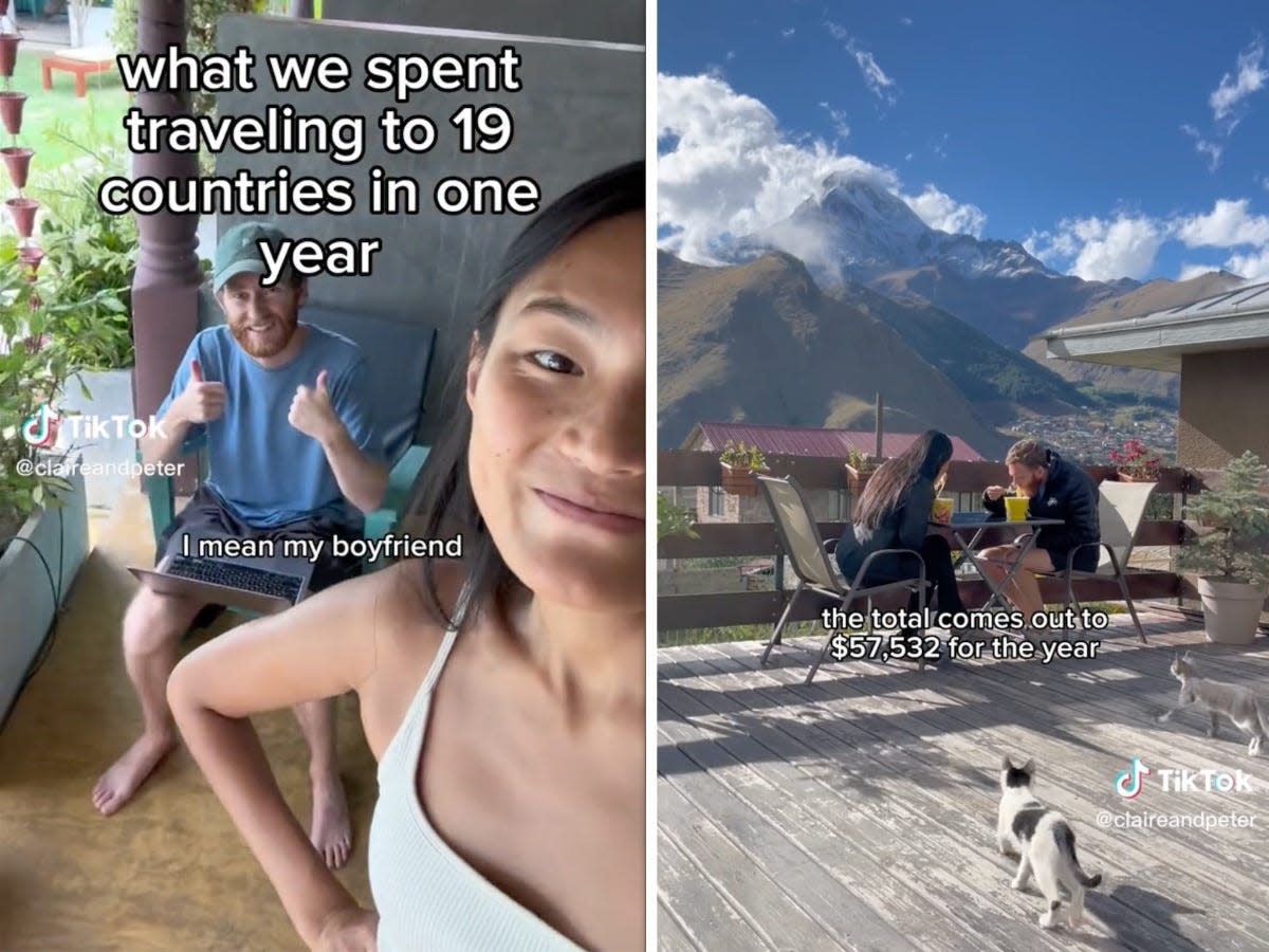 collage of tiktok screenshots -- on the left a screenshot with the text "what we spent traveling to 19 countries in one year" and on the right a view of the couple eating somewhere mountainous with the text "the total comes out to $57,532 for the year"