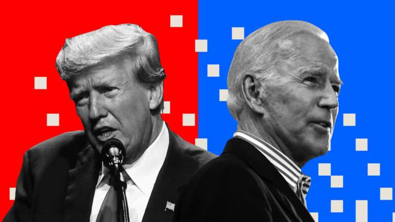 Former President Donald Trump and President Joe Biden pictured against a red and blue background