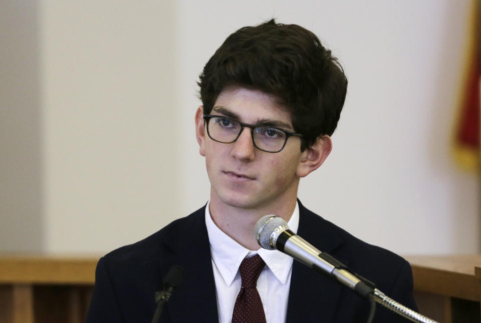 Former St. Paul’s School student Owen Labrie testifies at his trial in 2015. He is currently out on bail while appealing the verdict in the sexual assault case against him. (Photo: Charles Krupa/AP)