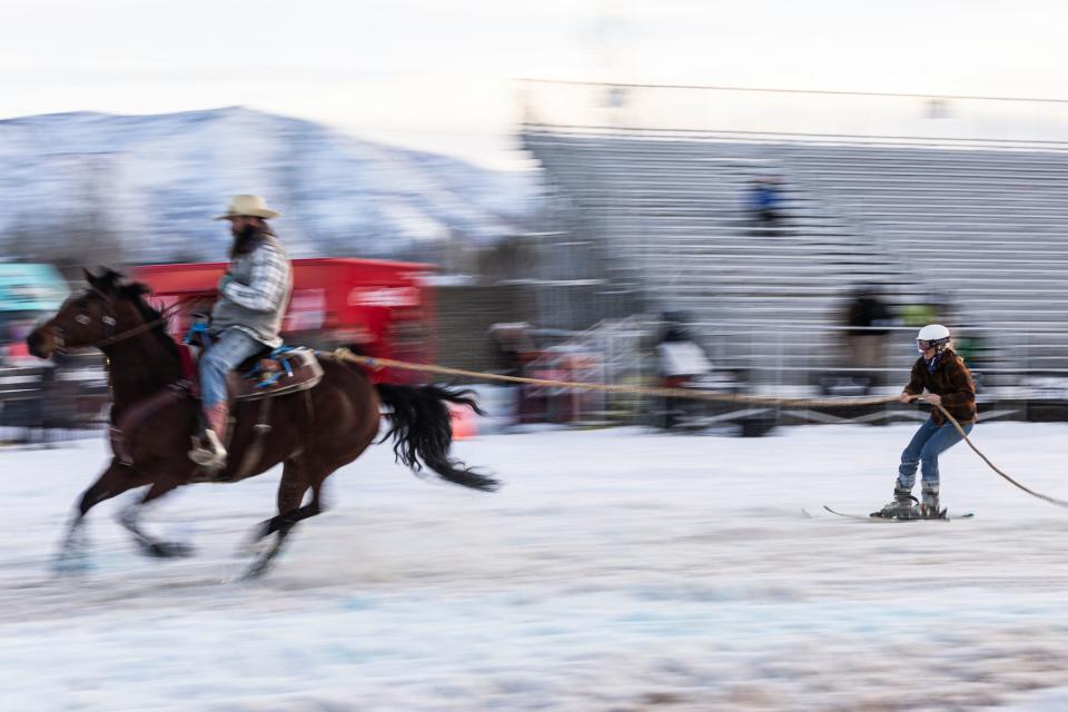 A skier is pulled by a rider during the 2024 Utah Skijoring competition at the Wasatch County Event Complex in Heber City on Saturday, Feb. 17, 2024. | Marielle Scott, Deseret News