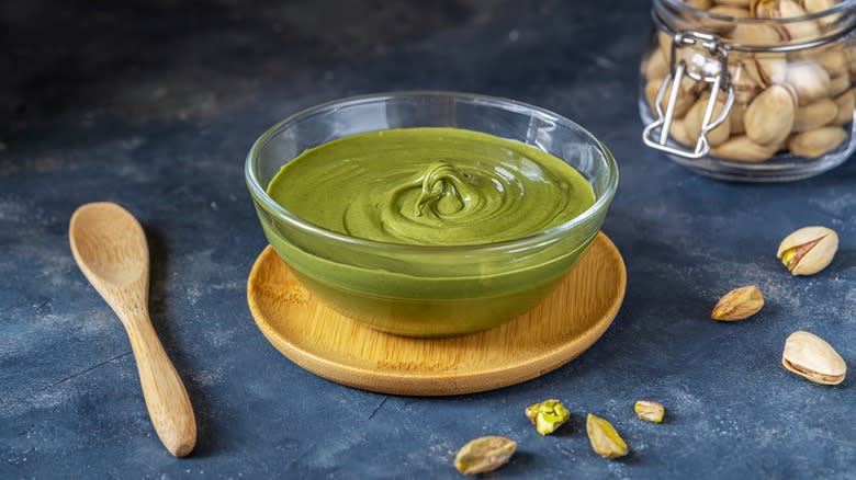 pistachio spread cream in glass bowl