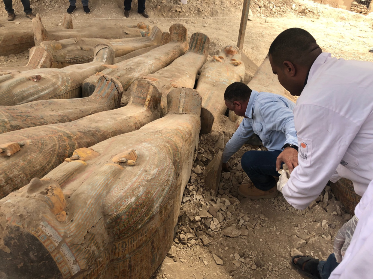 Archaeologists have uncovered at least 20 ancient wooden coffins in the southern Egyptian city of Luxor (Picture: Egypt Antiquities Ministry)