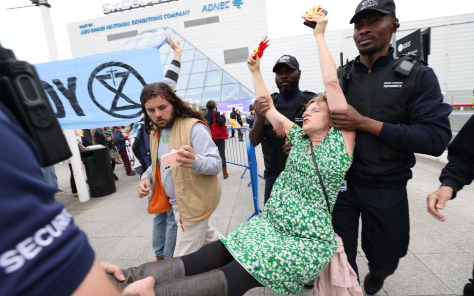 A protester is ejected from the Shell AGM - Belinda Jiao