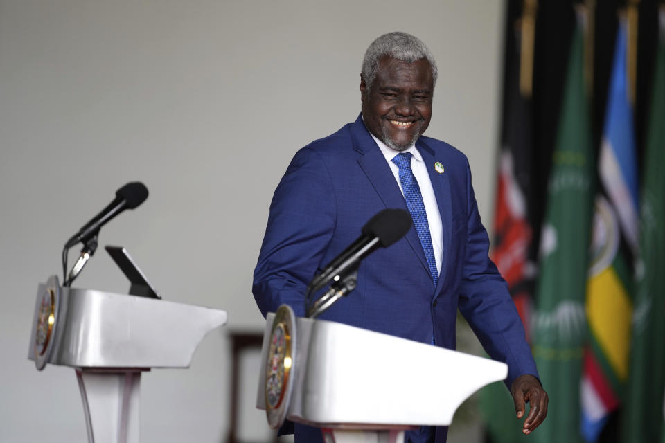 African Union (AU) Commission Chairman Moussa Faki Mahamat, smiles as he walks to the podium to address the launch of high-level peace talks for South Sudan at State House in Nairobi, Kenya, on Thursday, May 9, 2024. High-level mediation talks on South Sudan were launched in Kenya with African presidents in attendance calling for an end to a conflict that has crippled the country's economy for years. (AP Photo/Brian Inganga)
