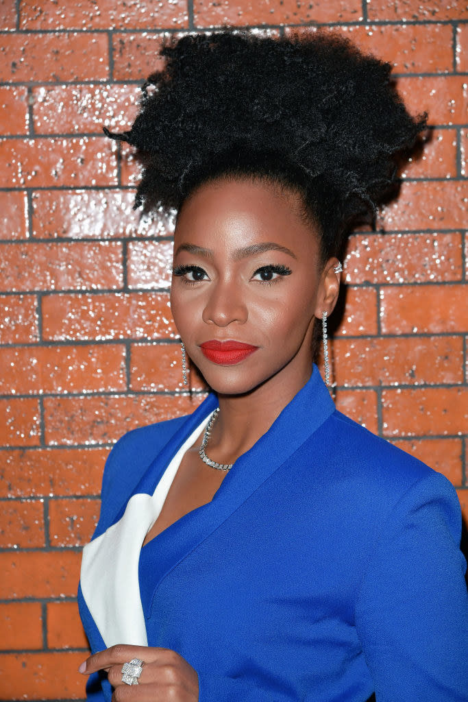 Teyonah wears a blazer at the "Slave Play" opening night reception