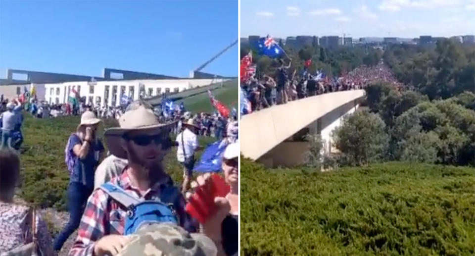 Screenshots from a video showing people protesting Covid vaccine mandates outside parliament house.