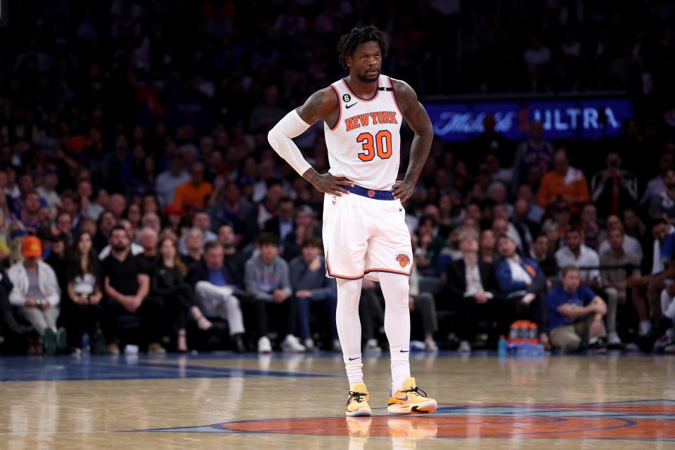 MAY 10: Julius Randle #30 of the New York Knicks reacts against the Miami Heat during the fourth quarter in game five of the Eastern Conference Semifinals in the 2023 NBA Playoffs at Madison Square Garden on May 10, 2023 in New York City.