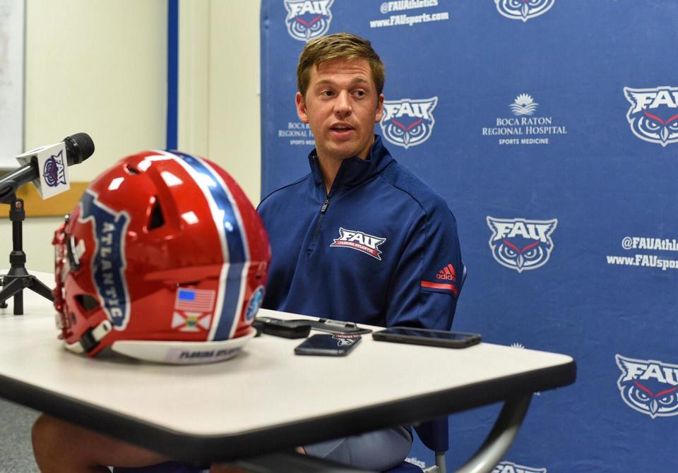 Florida Atlantic offensive coordinator Charlie Weis Jr. addresses the media on Monday, August 12, 2019.