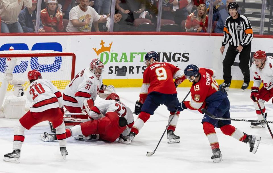 Florida Panthers left wing Matthew Tkachuk (19) scores a goal against Carolina Hurricanes goaltender Frederik Andersen (31) in the third period of Game 4 of the NHL Stanley Cup Eastern Conference finals series at the FLA Live Arena on Wednesday, May 24, 2023 in Sunrise, Fla.