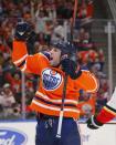 Jan 19, 2019; Edmonton, Alberta, CAN; Edmonton Oilers forward Milan Lucic (27) celebrates a third period goal against there Calgary Flames at Rogers Place. Mandatory Credit: Perry Nelson-USA TODAY Sports