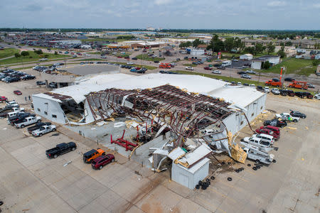 Damage to the Frontier Chevrolet car and truck dealership is seen in an aerial photo after a tornado touched down overnight in El Reno, Oklahoma, U.S. May 26, 2019. REUTERS/Richard Rowe