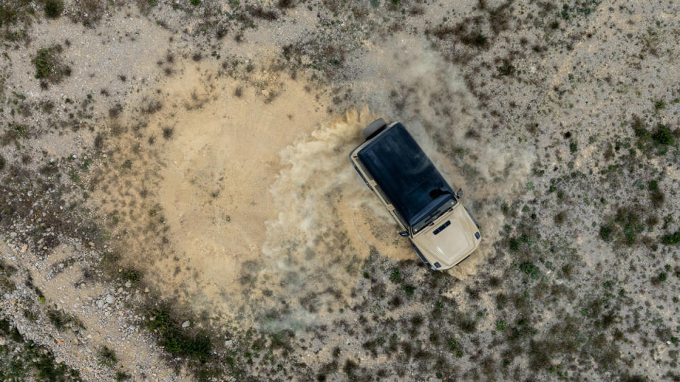 A bird's-eye view of an all-electric Mercedes-Benz G 580.