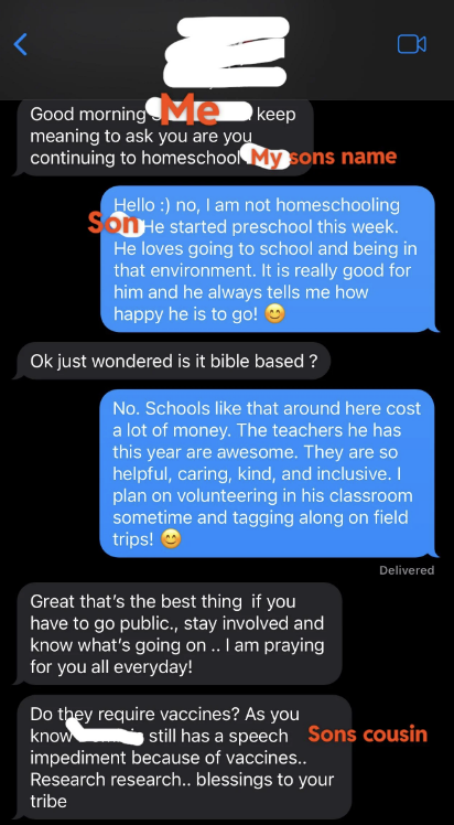 Three text message bubbles detailing a conversation about homeschooling benefits and mobile-based teaching, with a supportive response