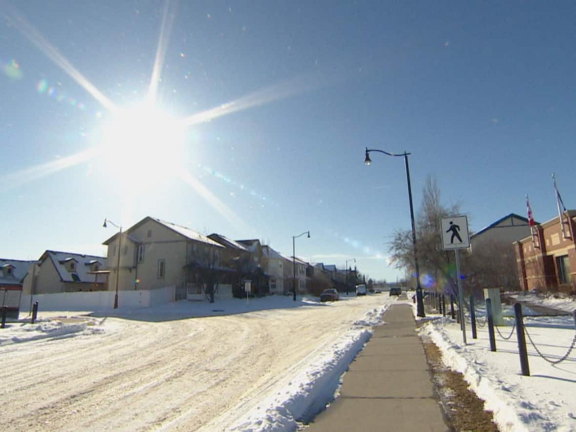 Drake Landing in Okotoks, Alta., includes 52 single-family homes that are part of a solar district energy community.  (Monty Kruger/CBC - image credit)