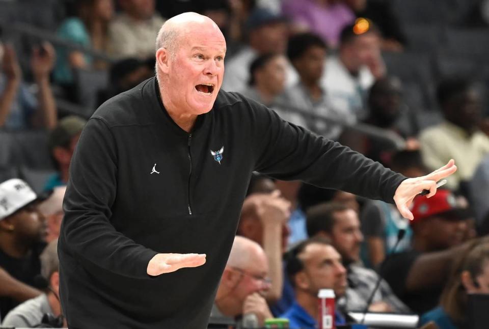 Charlotte Hornets head coach Steve Clifford gives instructions to his team during second half action against the Brooklyn Nets on Monday, October 30, 2023 at Spectrum Center in Charlotte, NC. The Nets defeated the Hornets 133-121.