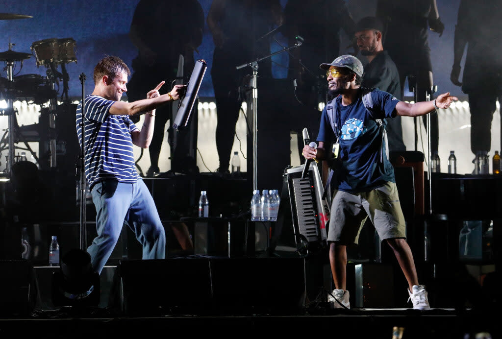 Damon Albarn and Del the Funky Homosapien onstage in 2017 in New York City. (Credit: Taylor Hill/Getty Images for The Meadows Music & Arts Festival)