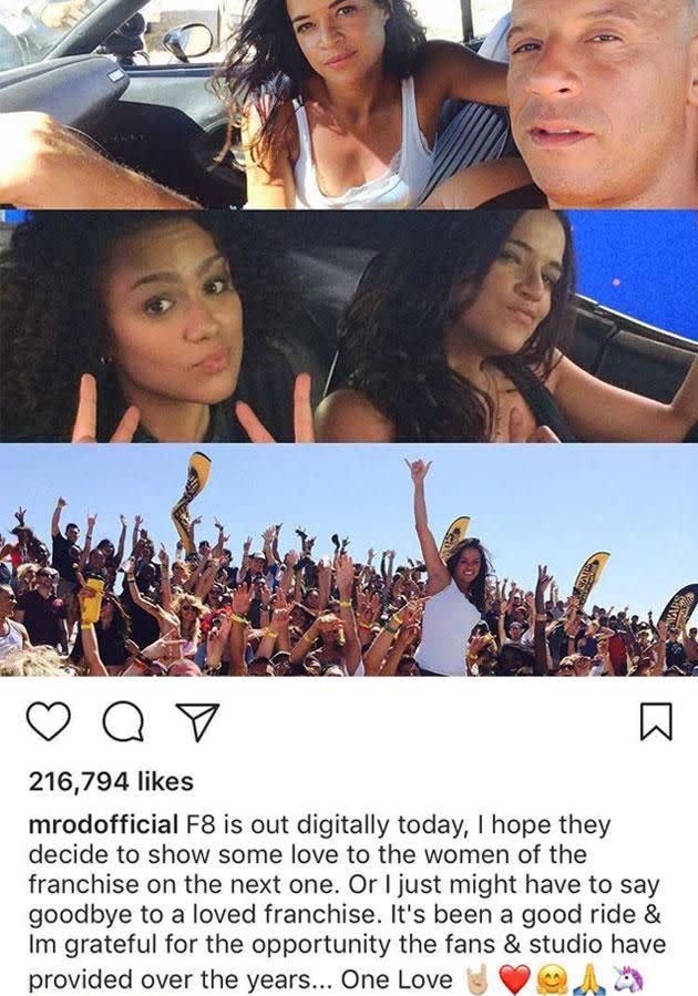 Michelle Rodriguez took to social media to share her thoughts on the movie franchise. Source: Instagram