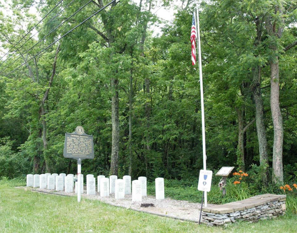 Historical marker, 22 tombstones along U.S. 60 mark the site of the Simpsonville Slaughter