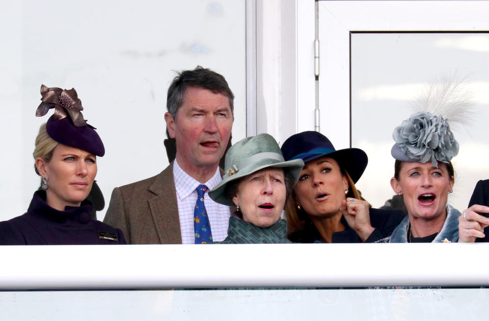 (left to right) Zara Tindall, Timothy Laurence, Princess Royal, Natalie Pinkham and Dolly Maude during day four of the Cheltenham Festival at Cheltenham Racecourse. (Photo by Andrew Matthews/PA Images via Getty Images)