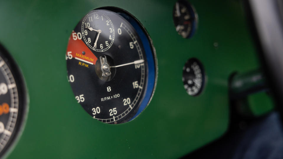 A close-up of some of the gauges on the dashboard of the 1933 Bentley 4 ¼ Liter "Eddie Hall" race car.  