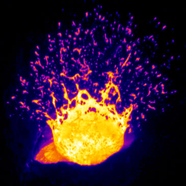 A thermal camera image of an eruption in Erebus volcano's lava lake.