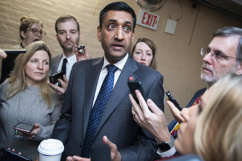 Rep. Ro Khanna speaks with reporters in the U.S. Capitol on Jan. 8, 2020.