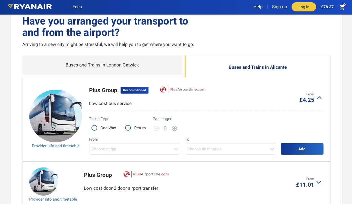 A screenshot from the Ryanair website shows how booking suggests paying for extra transport to the airport
