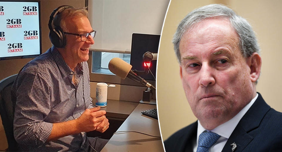 Jim Wilson pictured in his 2GB studio, and an inset of Aged Care Minister Richard Colbeck.