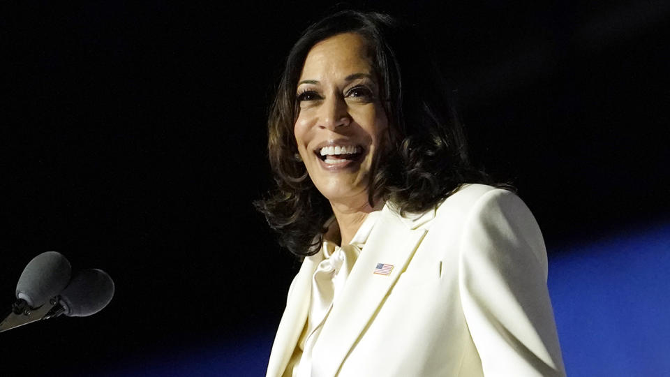 Vice President-elect Kamala Harris speaks Saturday, Nov. 7, 2020, in Wilmington, Del. (Andrew Harnik/AP)