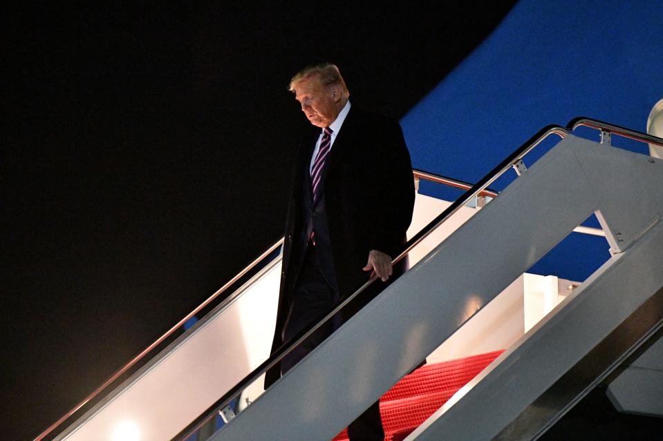 US President Donald Trump steps off Air Force One upon return to Andrews Air Force Base in Maryland on September 22, 2020. - Trump returned to Washington after campaigning in Pennsylvania. (Photo by MANDEL NGAN / AFP) (Photo by MANDEL NGAN/AFP via Getty Images)