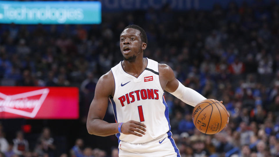 Detroit Pistons guard Reggie Jackson (1) during an NBA basketball game against the Oklahoma City Thunder Friday, Feb. 7, 2020, in Oklahoma City. (AP Photo/Sue Ogrocki)