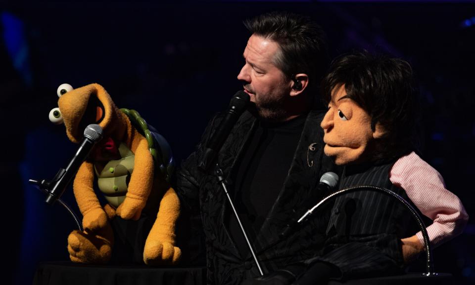 Terry Fator shares repartee with Winston, his original dummy, and Sir Paul McCartney.