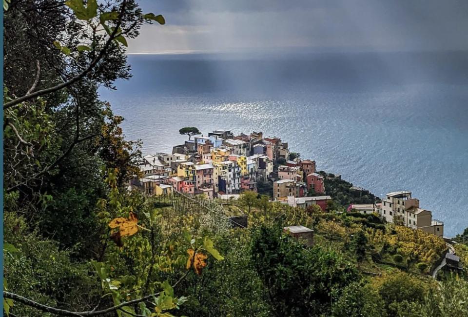 Cornigilia, Italy, as seen from above, the Mediterranean behind it