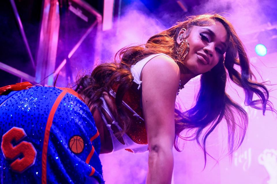 April 1, 2023 : Saweetie performs as part of the Super Saturday Concert at the AT&T Discovery District. 