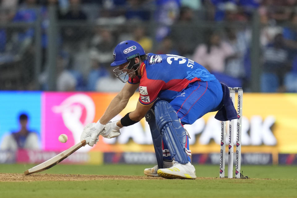 Delhi Capitals' Tristan Stubbs plays a shot during the Indian Premier League cricket match between Mumbai Indians' and Delhi Capitals' in Mumbai, India, Sunday, April. 7, 2024.(AP Photo/ Rafiq Maqbool)