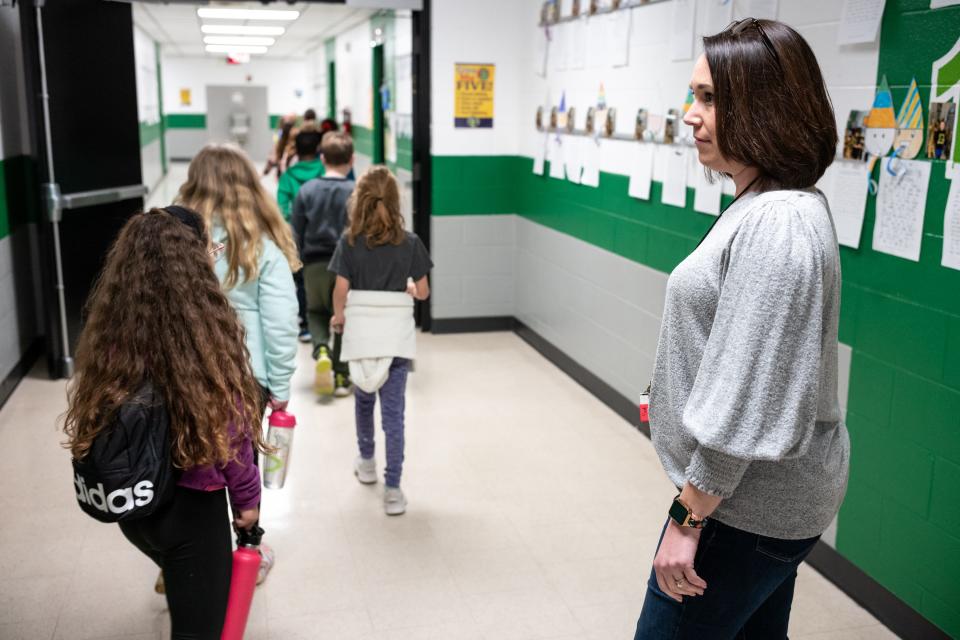 Third grade teacher Tamara Smartt guides her students to the cafeteria for lunch at Gladeville Elementary School in Mt. Juliet, Tenn., Wednesday, Feb. 2, 2022.