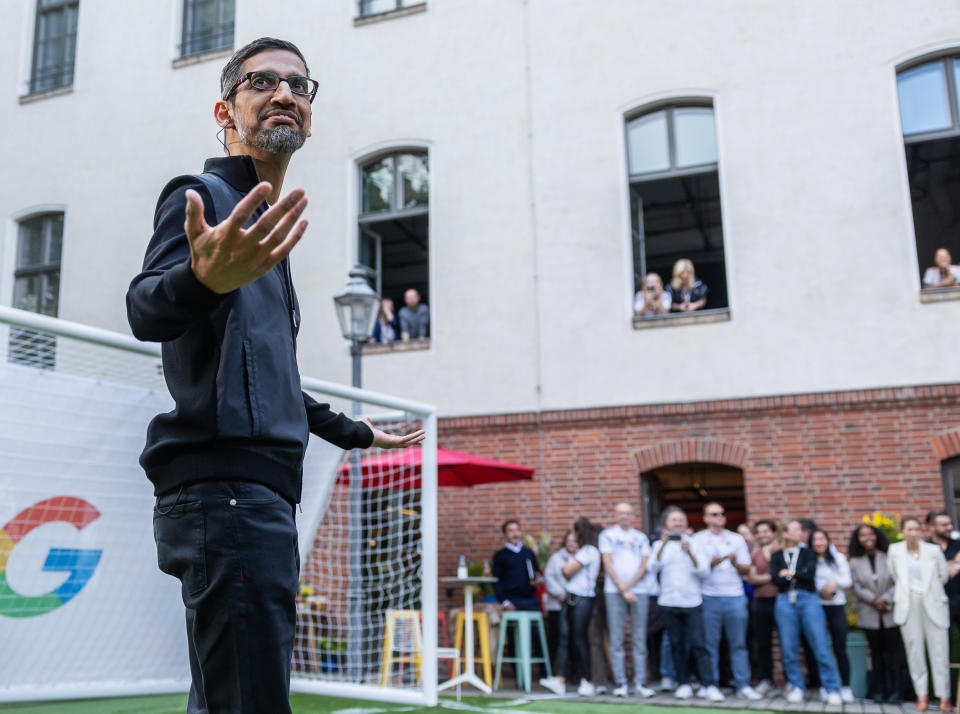 BERLIN, GERMANY - MAY 25: Sundar Pichai, CEO Google and Alphabet reacts during a fun kick during the Germany Women and Google Partnership event at Google office on May 25, 2023 in Berlin, Germany. (Photo by Boris Streubel/Getty Images for DFB)