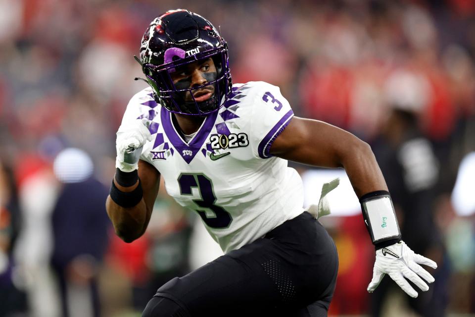 INGLEWOOD, CALIFORNIA - JANUARY 09: Mark Perry #3 of the TCU Horned Frogs warms up before the College Football Playoff National Championship game against the Georgia Bulldogs at SoFi Stadium on January 09, 2023 in Inglewood, California. (Photo by Steph Chambers/Getty Images)