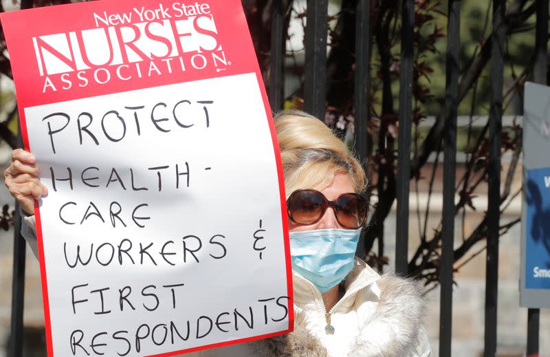 Nurses at Montefiore Medical Center Moses Division in Bronx hold protest demanding more PPE during outbreak of coronavirus disease (COVID-19) in New York