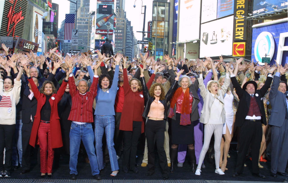 FILE - This Sept. 28, 2001 file photo shows hundreds of Broadway cast members, including front row, from left, Bebe Neuwirth, Susan Lucci, Joel Grey, Michele Lee, Valeria Harper, Bernadette Peters, Betty Buckley, Elaine Stritch, Nathan Lane and Matthew Broderick. singing "New York, New York" for a public service announcement shot in New York's Times Square. The Actors' Equity Association, which has begun a yearlong celebration of its centennial, will get a Special Tony in recognition of their work negotiating wages, working conditions and benefits for stage performers and crew members. (AP Photo/Diane Bondareff, file)