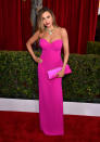 <p>Sofia Vergara dressed like a Barbie doll — which is very timely considering the addition tall, curvy, and petite toys to Mattel’s lineup — to the SAG Awards. Wearing a strapless dress that hugged her envious figure, she matched her clutch to the brightly colored gown. The <i>Modern Family </i>star also wore a diamond necklace to add just a little more sparkle to her already sexy look. <i>Photo: Getty Images</i></p>