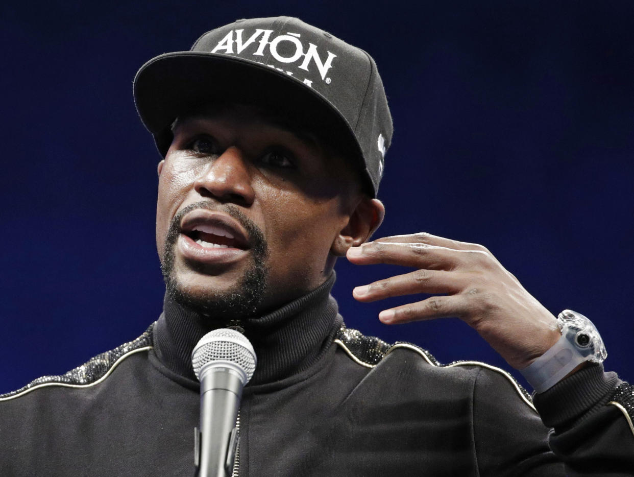 Floyd Mayweather Jr. speaks at a news conference after a super welterweight boxing match against Conor McGregor, Sunday, Aug. 27, 2017, in Las Vegas. (AP)