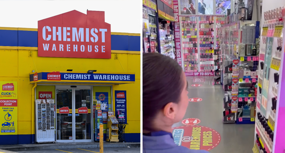 Two pictures of a Chemist Warehouse store from the outside and inside