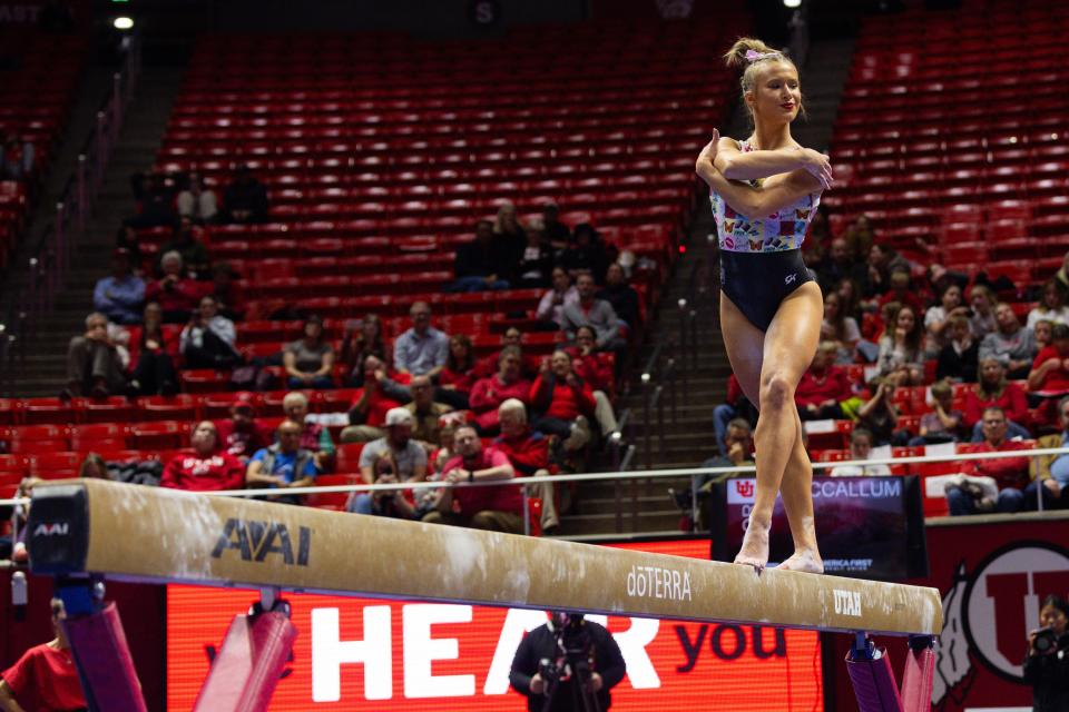 Abby Paulson performs her bar routine during the Red Rocks Preview at the Jon M. Huntsman Center in Salt Lake City on Friday, Dec. 15, 2023. | Megan Nielsen, Deseret News