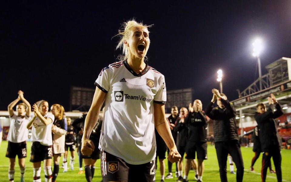 Millie Turner of Manchester United celebrates with team-mates at the end of the FA Women's Super League match between Aston Villa and Manchester United at Poundland Bescot Stadium on April 28, 2023 - Getty Images/Charlotte Tattersall
