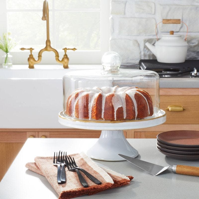 19) Stoneware & Glass Covered Cake Stand