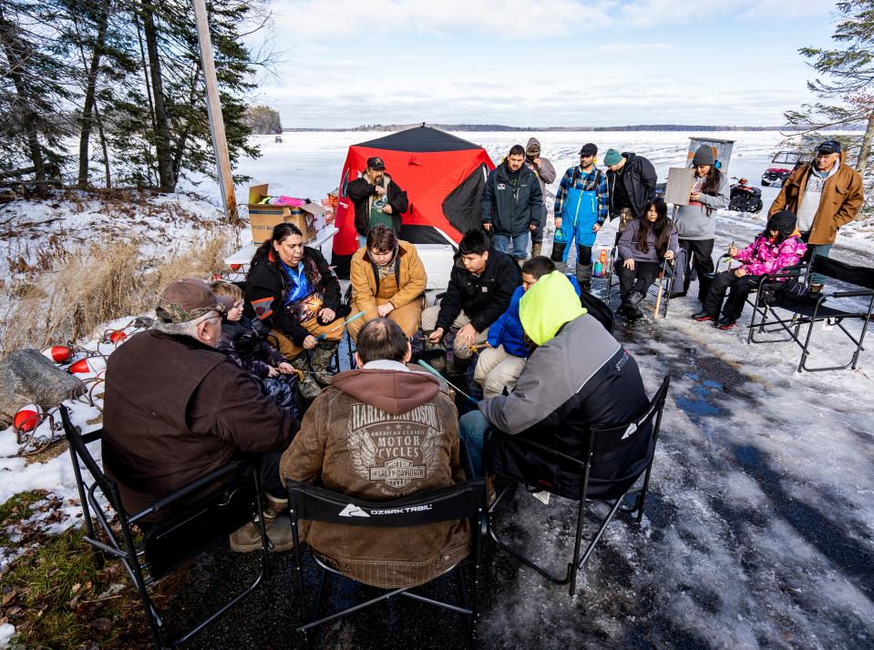 Ishpaagoonika Deep Snow Camp performs a closing ceremony, thanking all the muskies that were caught at Pelican Lake on Jan. 28, 2024.