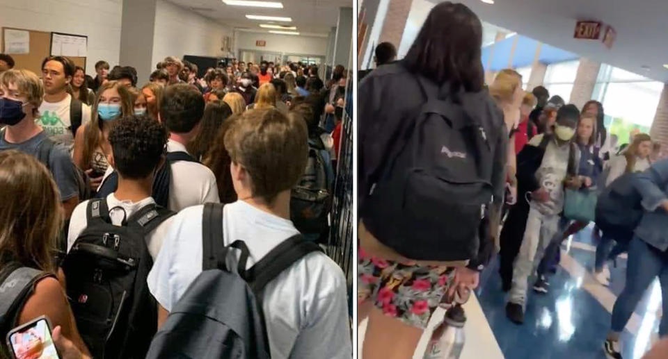 Students seen inn the hallways between classes as school returns in the state. Source: Supplied