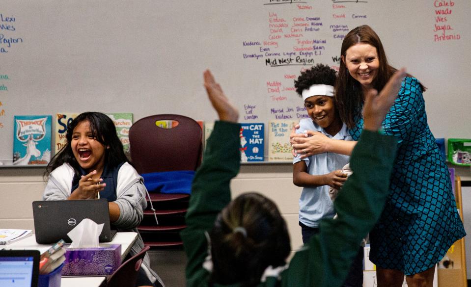 Lindsey Maxwell, a fifth-grade teacher at Bayshore Elementary School in North Fort Myers, was awarded the Golden Apple on Thursday, March 16, 2023.