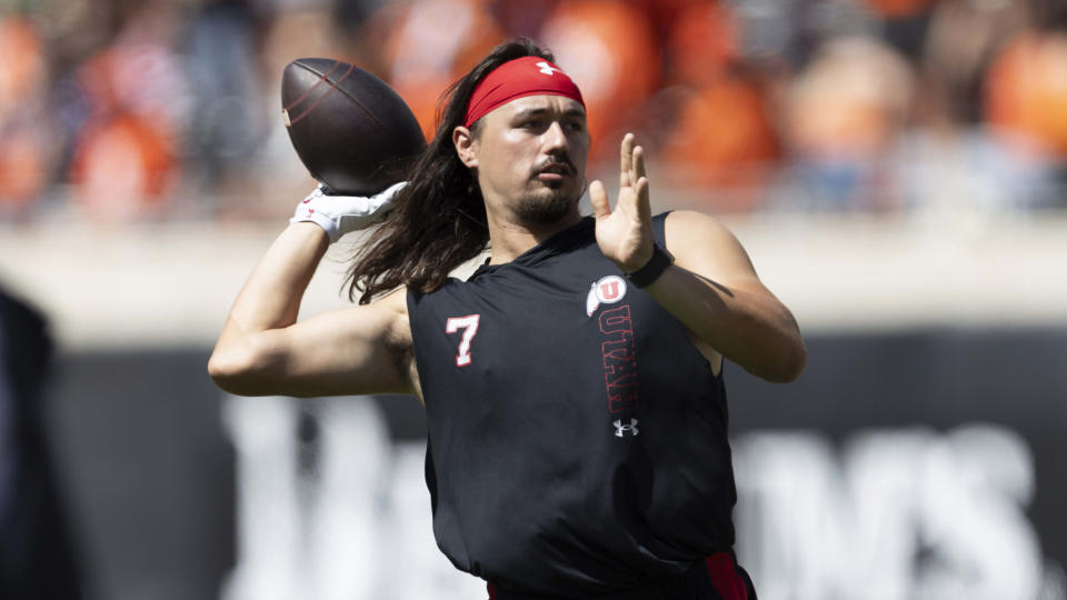 Utah quarterback Cameron Rising (7) warms up before an NCAA college football game against Oklahoma State Saturday, Sept. 21, 2024, in Stillwater, Okla. (AP Photo/Mitch Alcala)